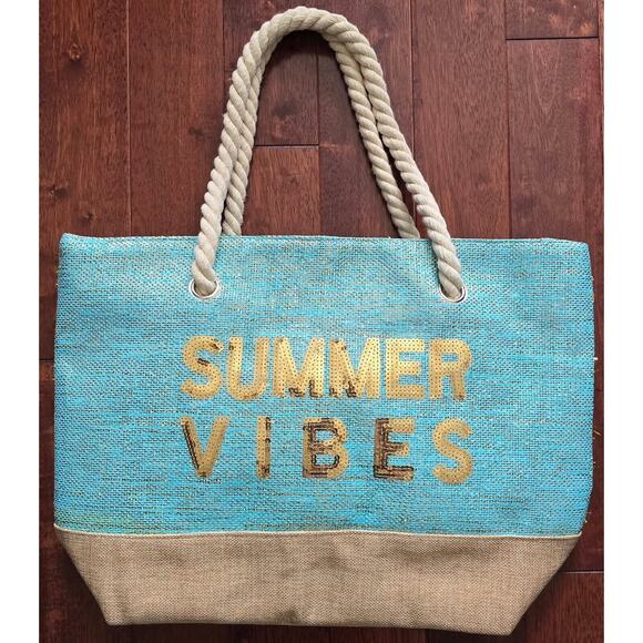 Beach Bag Summer Vibes Metallic Turquois Canvas Tote Sequin Vacation - Picture 1 of 7